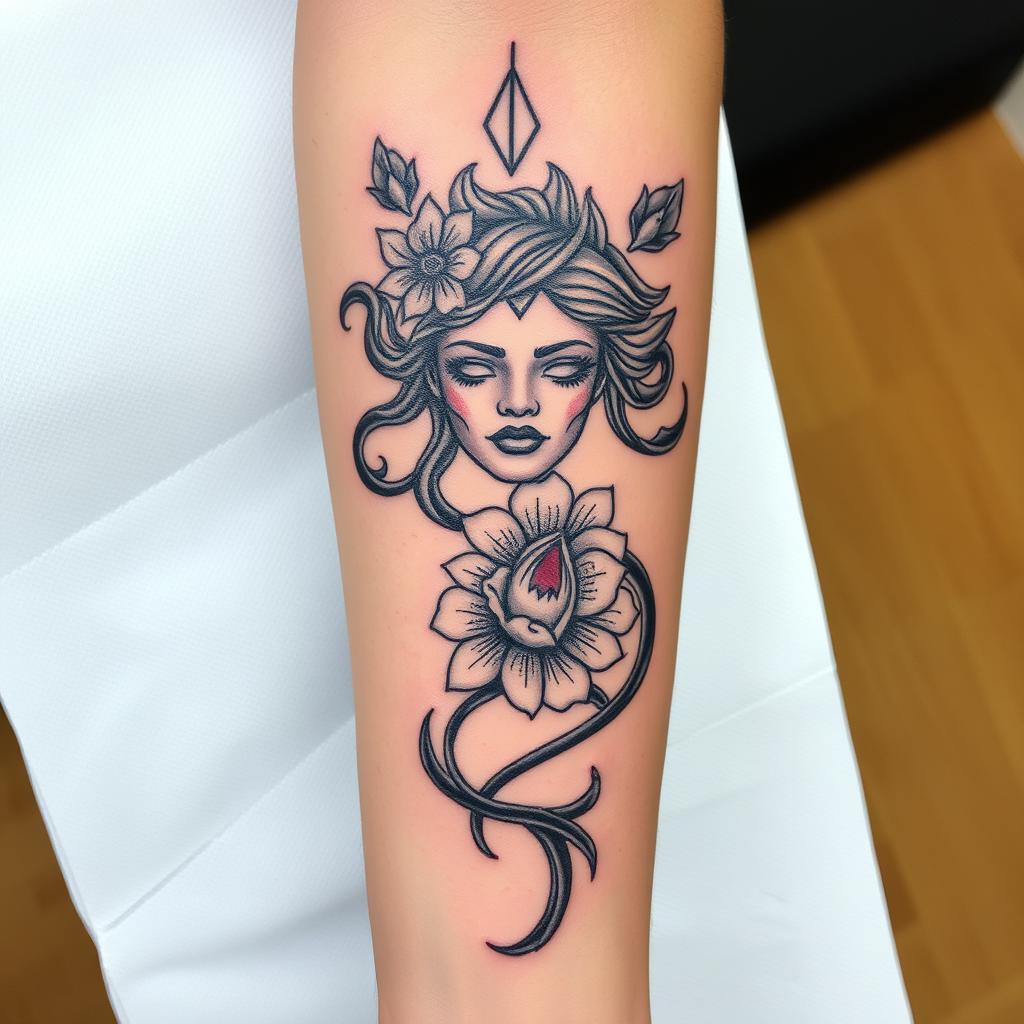 strong medusa tattoo design with flower on the forearm strong medusa tattoo design with flower on the forearm