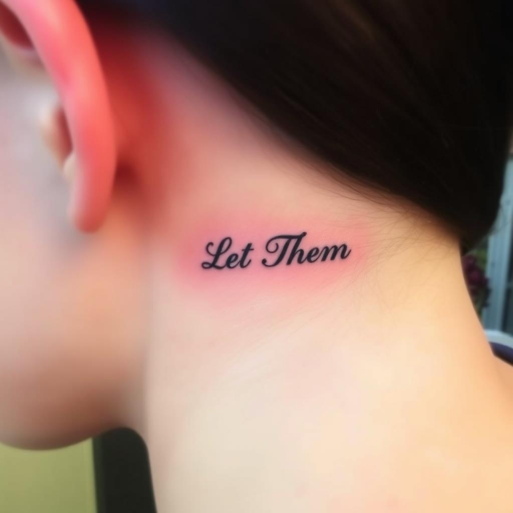 very small tiny sized “Let Them” word tattoo on behind the ear