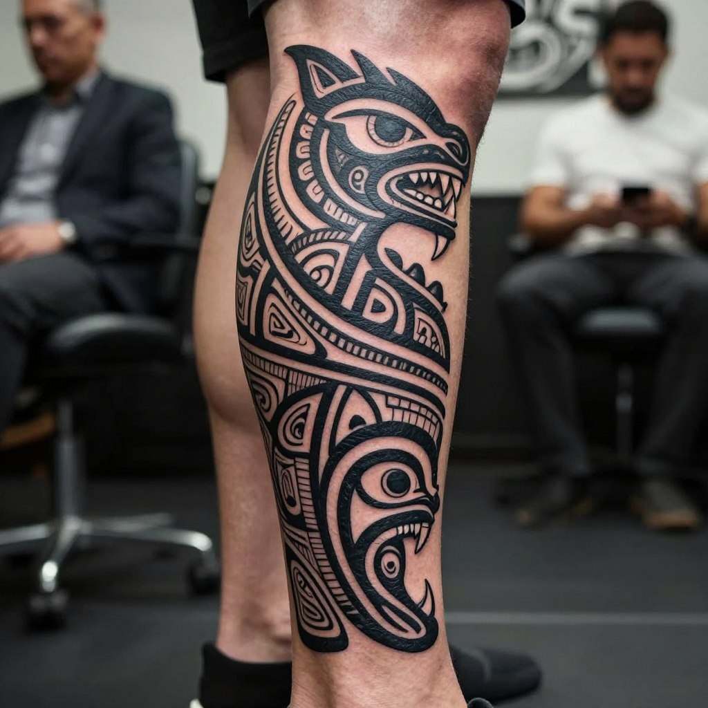 A Maori Niho Taniwha tattoo wrapping around the calf and lower leg A Maori Niho Taniwha tattoo wrapping around the calf and lower leg