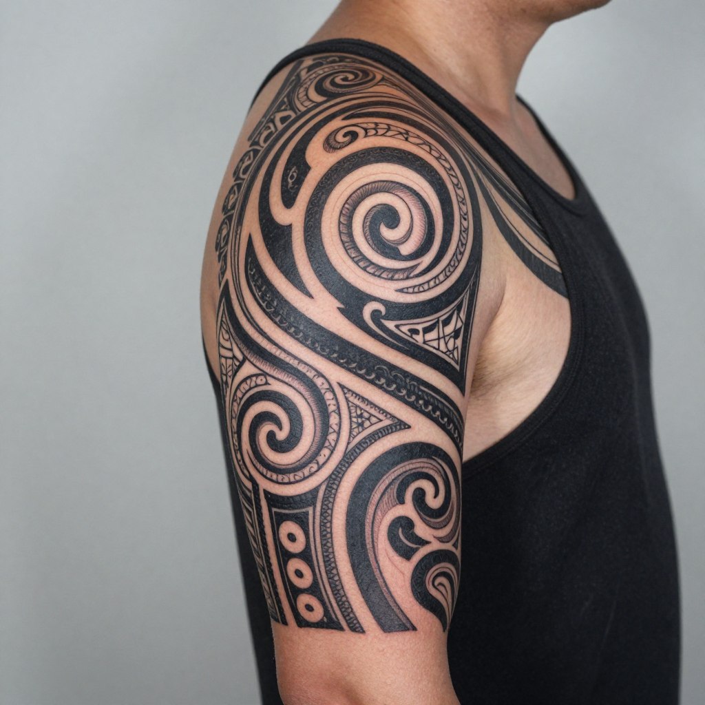 A full upper-arm and shoulder Maori Ta Moko tattoo wrapping naturally from the shoulder cap to the bicep A full upper-arm and shoulder Maori Ta Moko tattoo wrapping naturally from the shoulder cap to the bicep