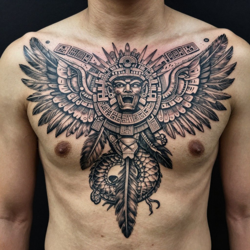 Aztec chest tattoo centered across the upper chest and sternum Aztec chest tattoo centered across the upper chest and sternum