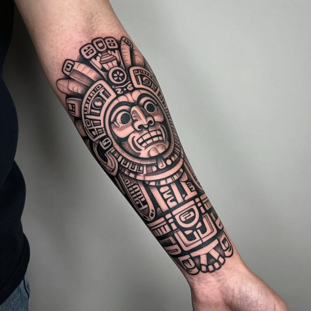 Aztec-inspired full forearm tattoo Aztec-inspired full forearm tattoo