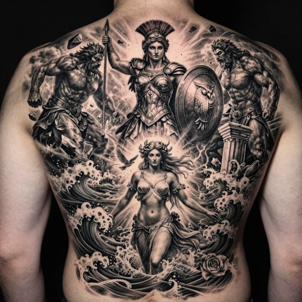 a cinematic Greek mythology tattoo design combining two powerful focal compositions: Athena battling giants and Aphrodite rising from the sea