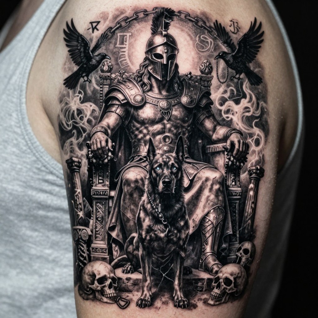 a dark and powerful Hades Greek mythology tattoo design inspired by the ruler of the underworld