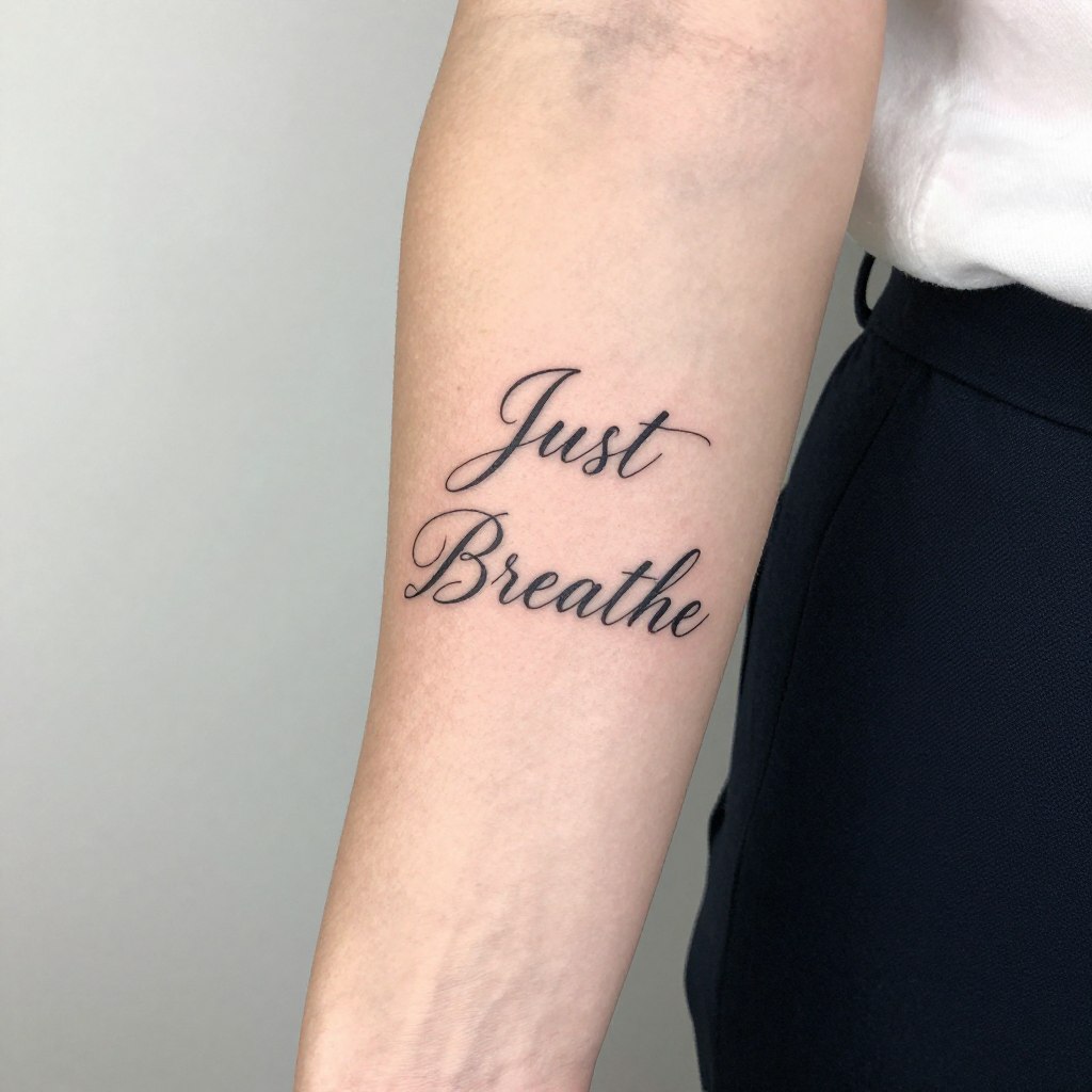 a delicate “Just Breathe” tattoo placed along the inner forearm a delicate “Just Breathe” tattoo placed along the inner forearm