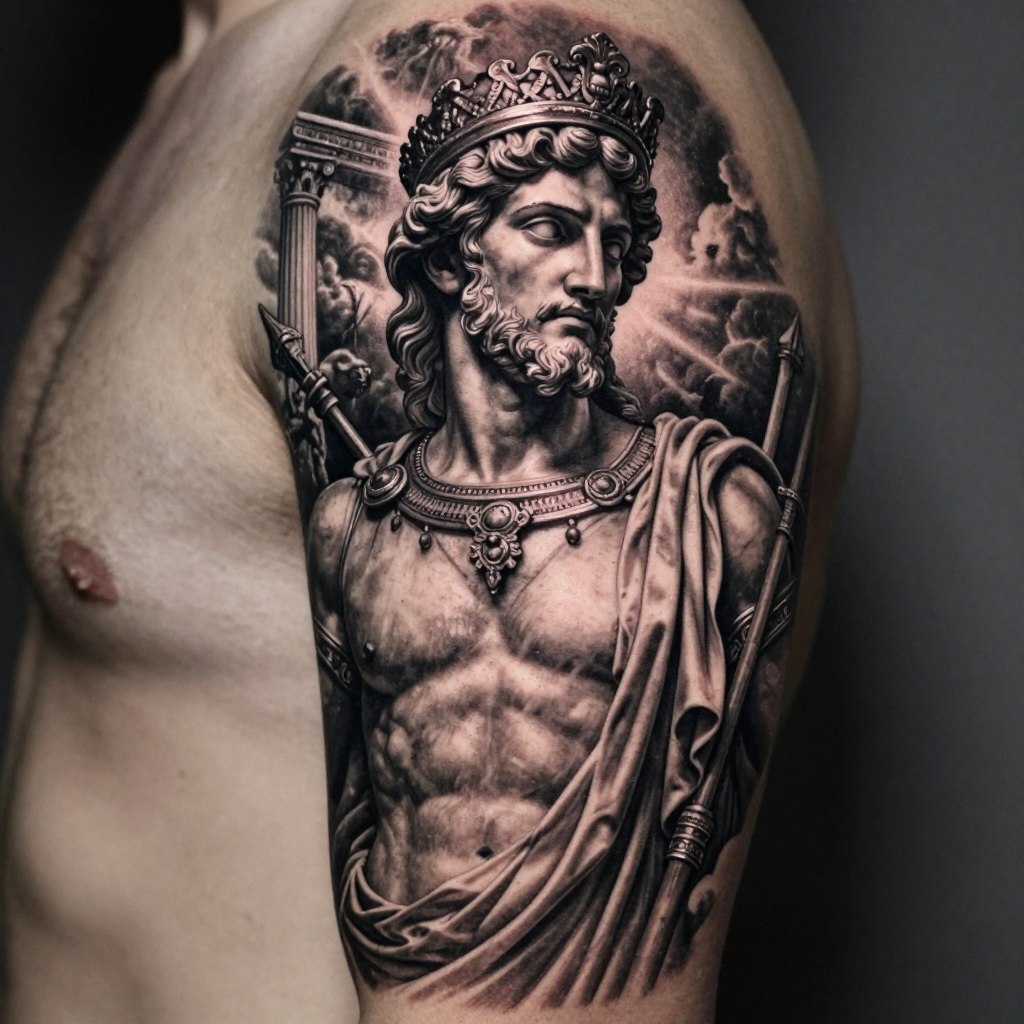 a masterful Greek god tattoo design in classical black and gray realism style