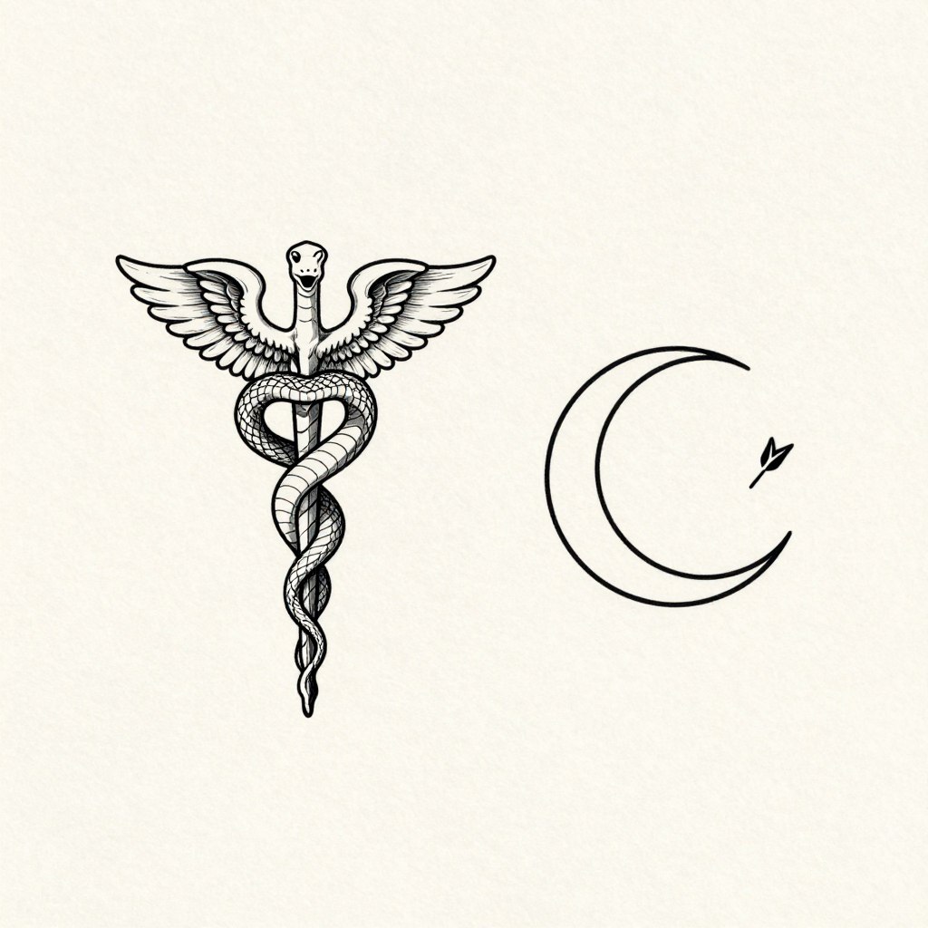 a minimalist yet elegant Greek mythology tattoo design featuring Hermes’ caduceus and Artemis symbolism as separate small tattoos