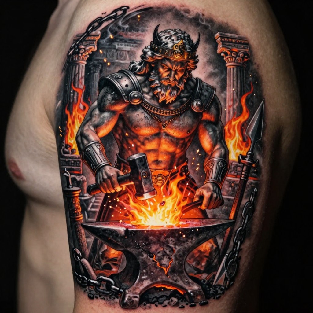 a powerful Hephaestus Greek god tattoo design inspired by fire, craftsmanship, strength, and creativity