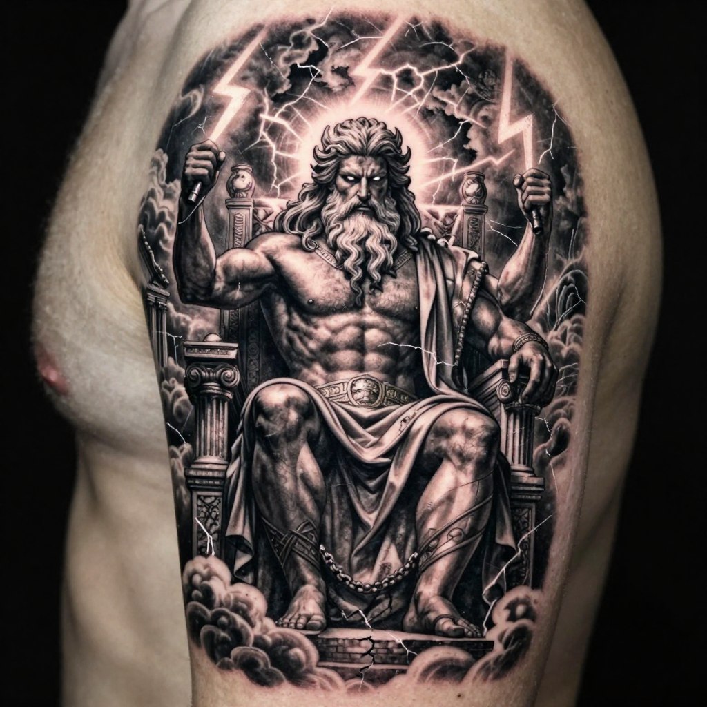 a powerful Zeus Greek god tattoo design inspired by ancient Greek mythology