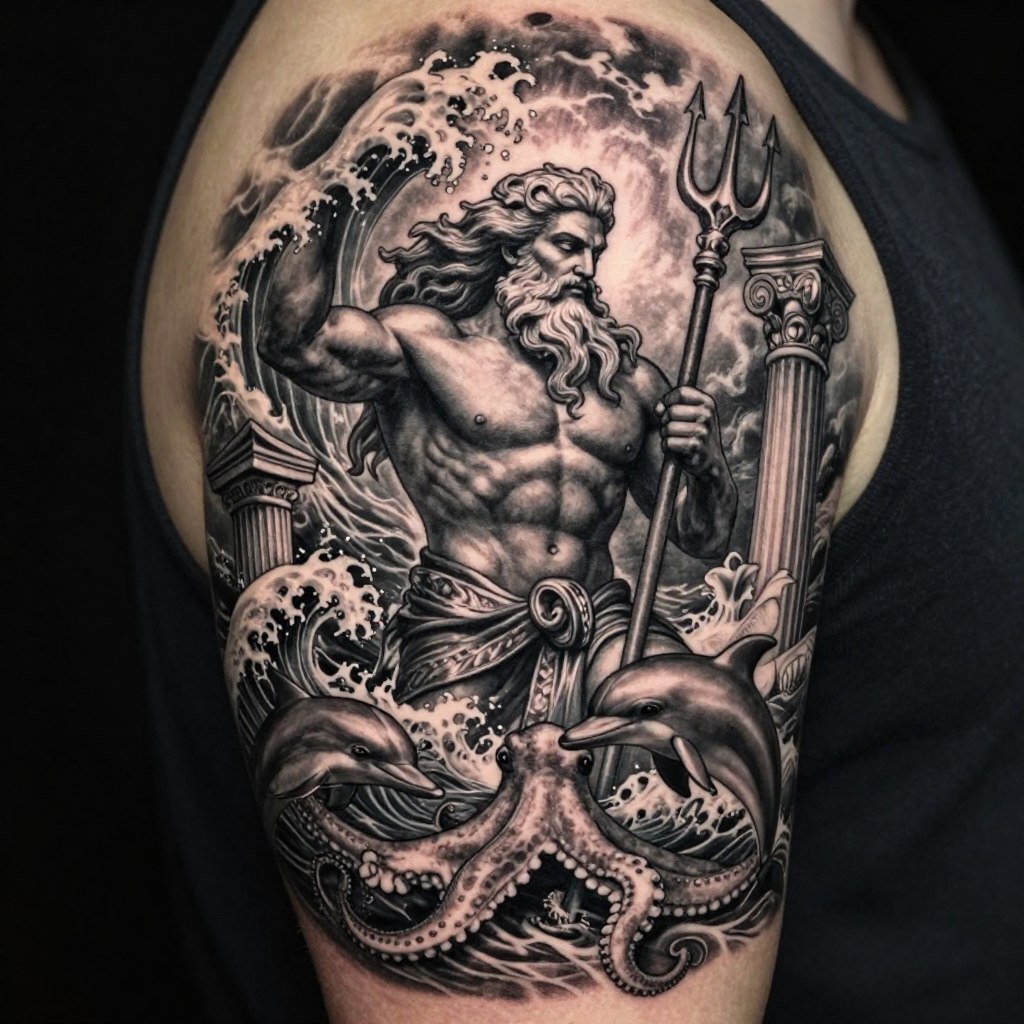 a stunning Poseidon Greek god tattoo design inspired by the power and mystery of the ocean