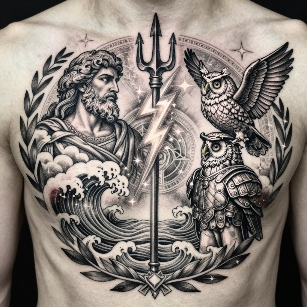 a symbolic Greek mythology tattoo design focused on divine weapons and legendary artifacts of the gods
