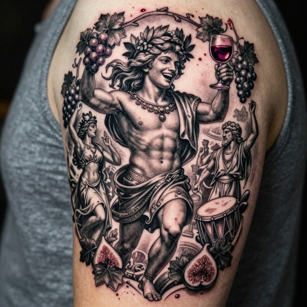 a vibrant and artistic Dionysus Greek god tattoo design inspired by wine, celebration, freedom, and the joy of life