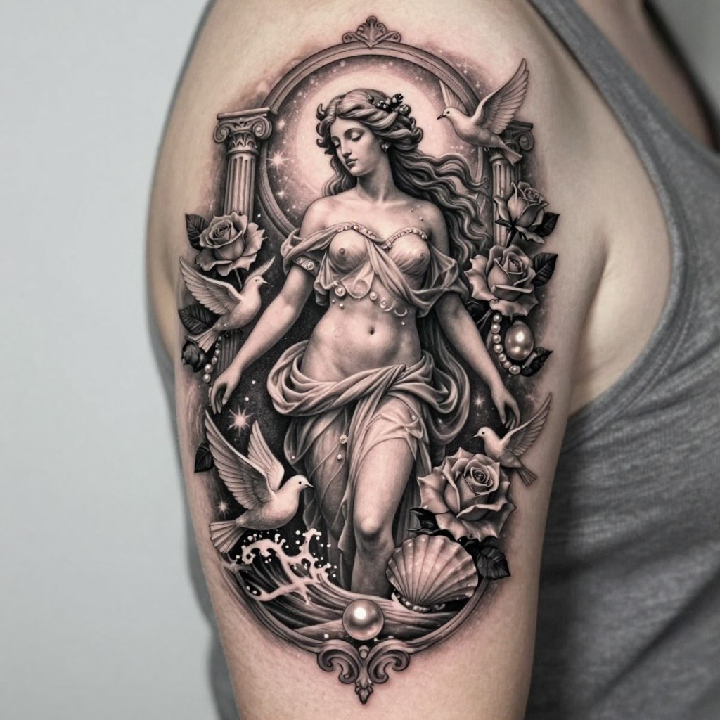 an elegant Aphrodite Greek goddess tattoo design inspired by love, beauty, and divine femininity