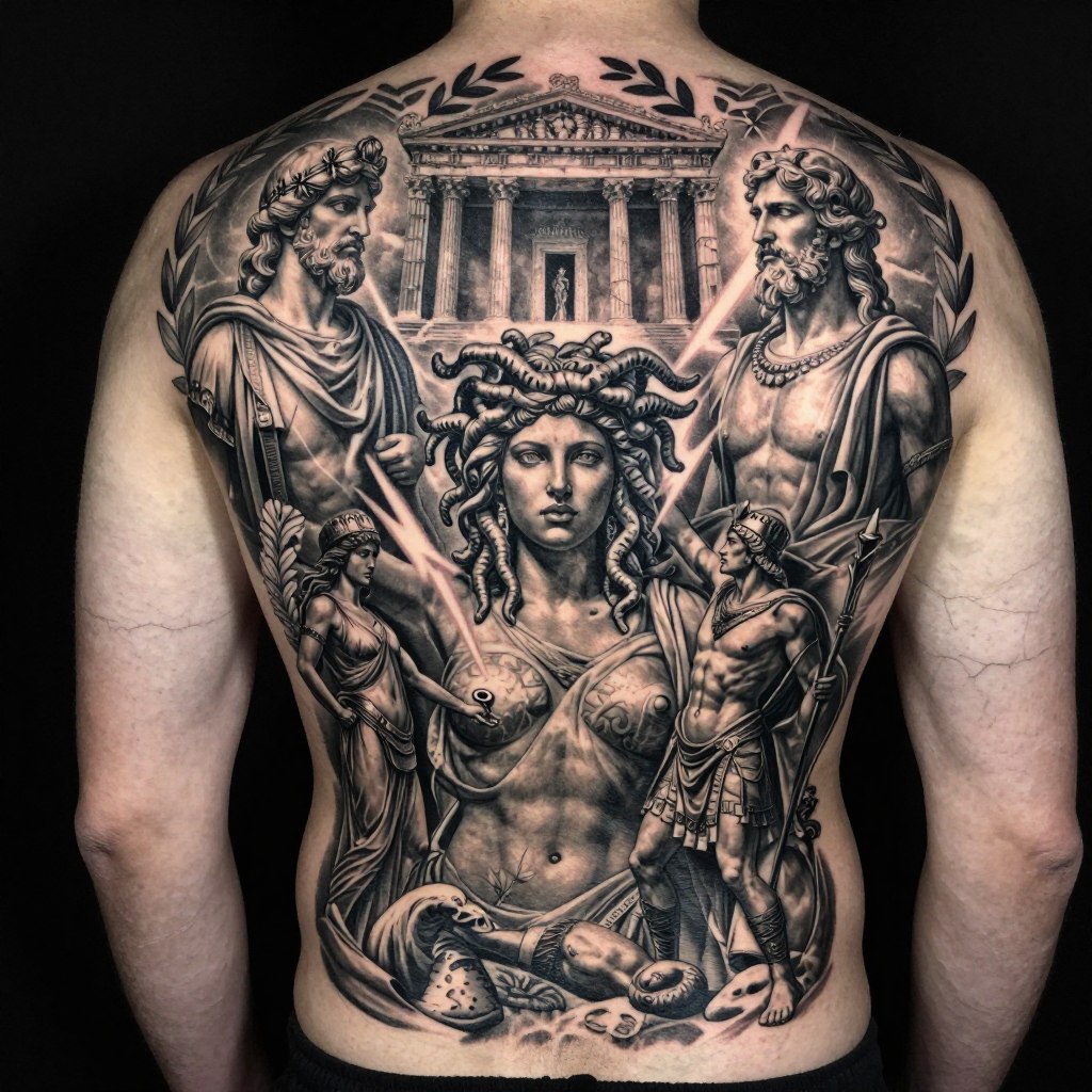 an epic Greek mythology tattoo design inspired by ancient legends and storytelling