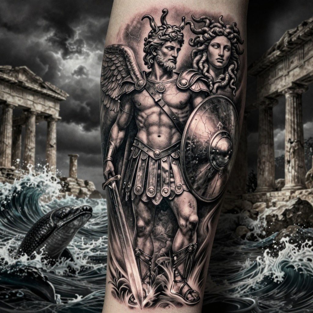 an epic Perseus Greek mythology tattoo design inspired by heroism, bravery, and overcoming impossible challenges