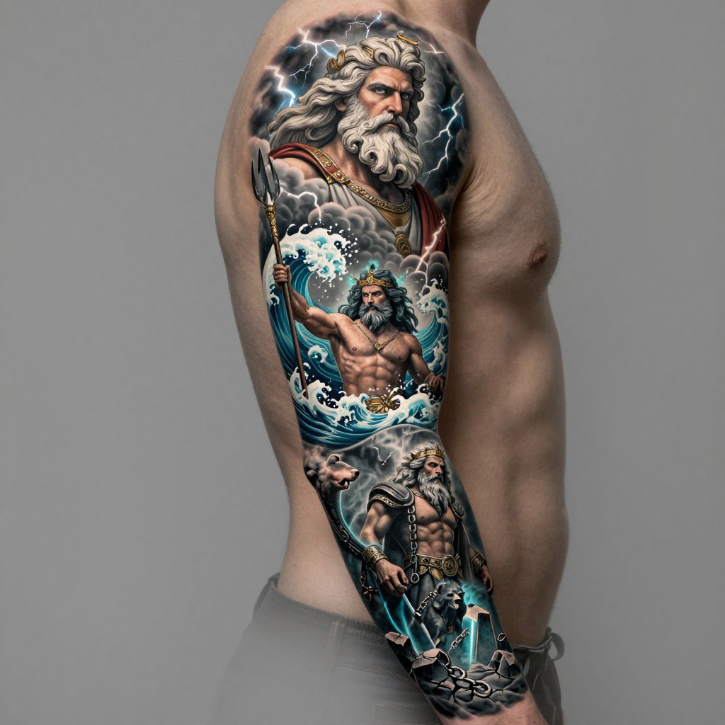 an epic full sleeve tattoo design featuring the three Greek gods Zeus, Poseidon, and Hades in a unified mythological composition