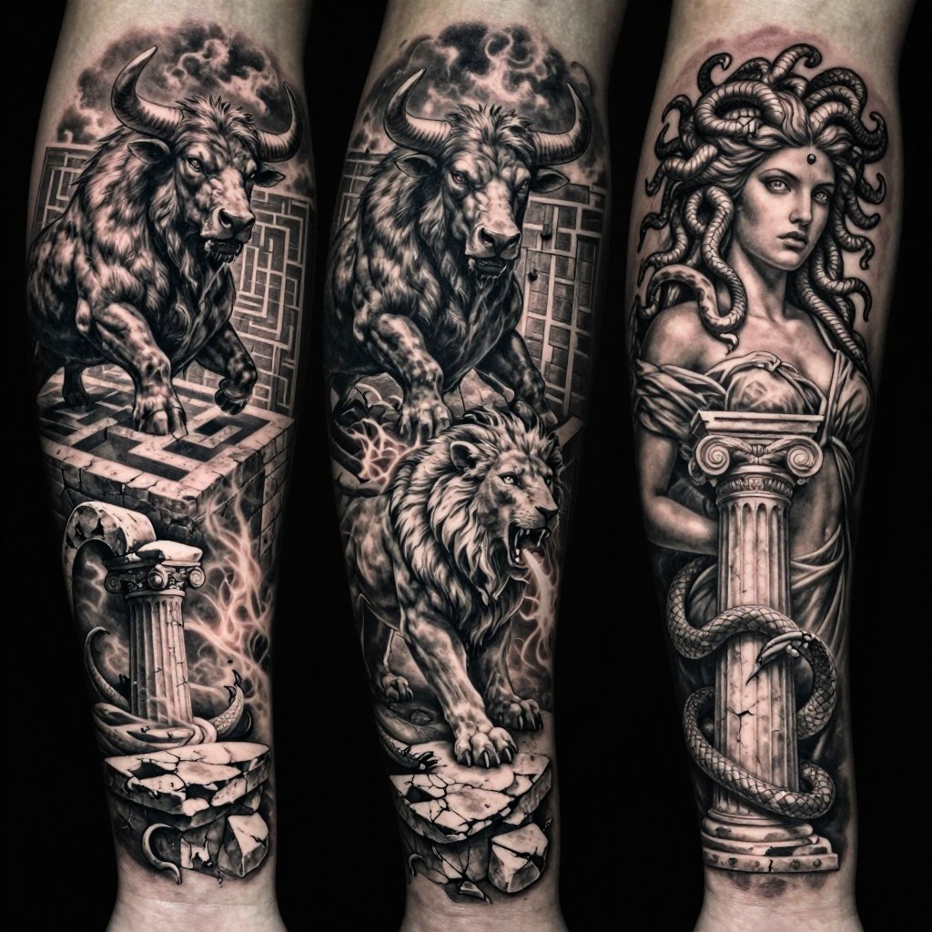 an intense Greek mythology tattoo sleeve design featuring legendary mythological creatures: the Minotaur, Chimera, and Medusa