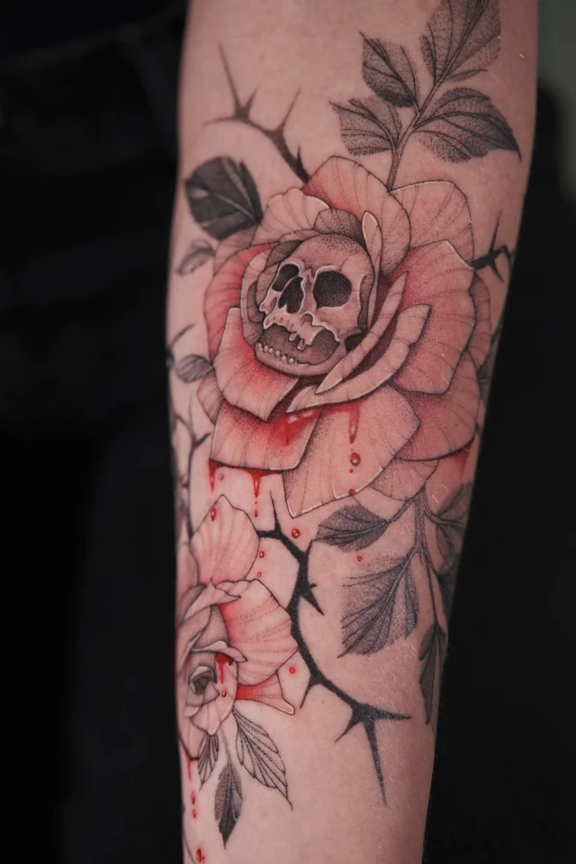Small skull inside a red rose with dripping blood and thorny stems on the forearm