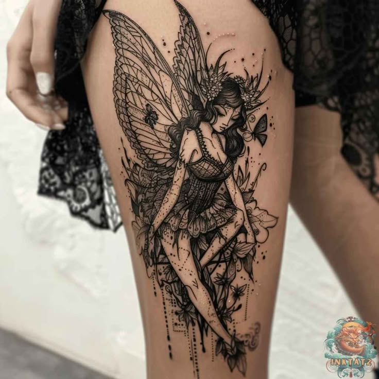 Dark fairy with ornate wings and flowers in a detailed fine line thigh tattoo