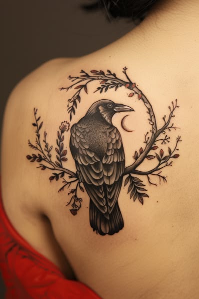 Raven holding a slim crescent moon inside a wreath of curling berry sprigs