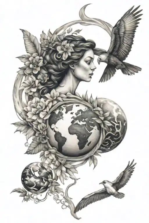 Gray shaded woman framed by flowers, globes, and flying birds in a large tattoo