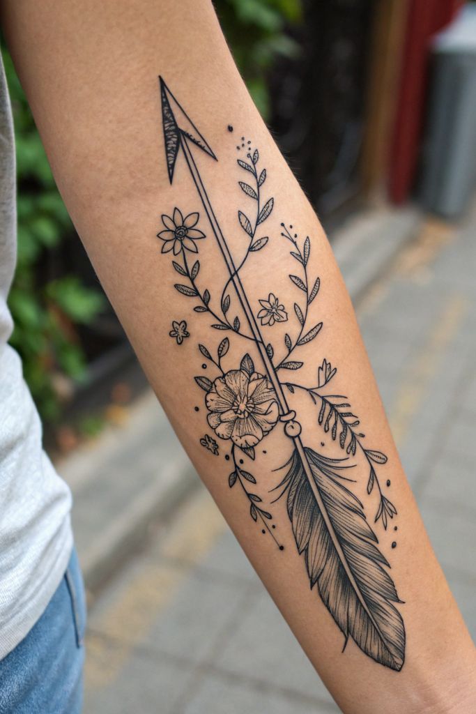 Feathered arrow wrapped in flowers, with fine lines running along the forearm