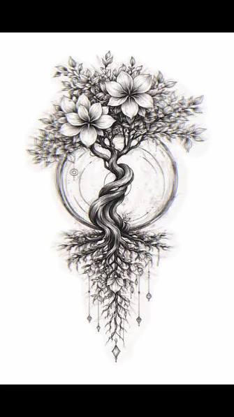 Twisted tree crowned with large flowers, with roots and small charms hanging below