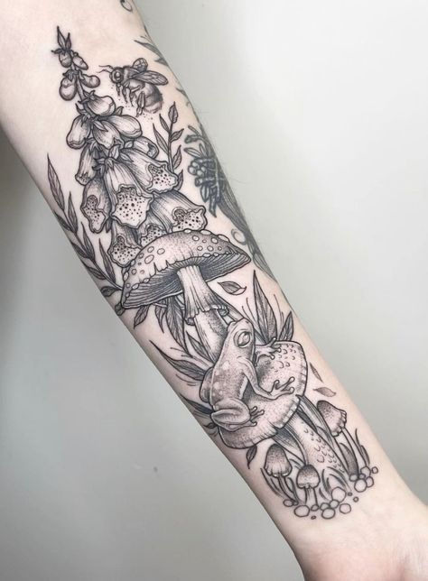Frog resting on a mushroom beneath a bee, with flowers and fungi along the forearm