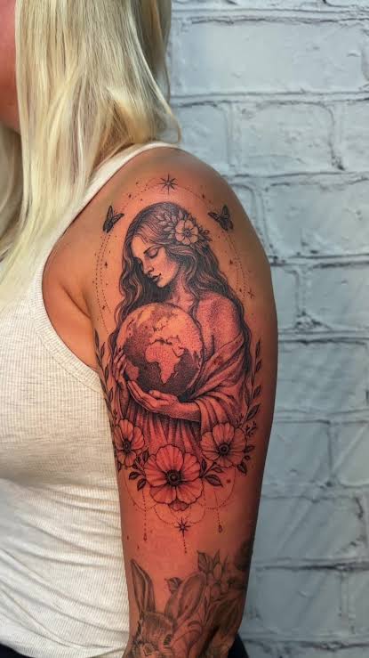 Flower crowned woman cradling the globe in a detailed upper arm tattoo