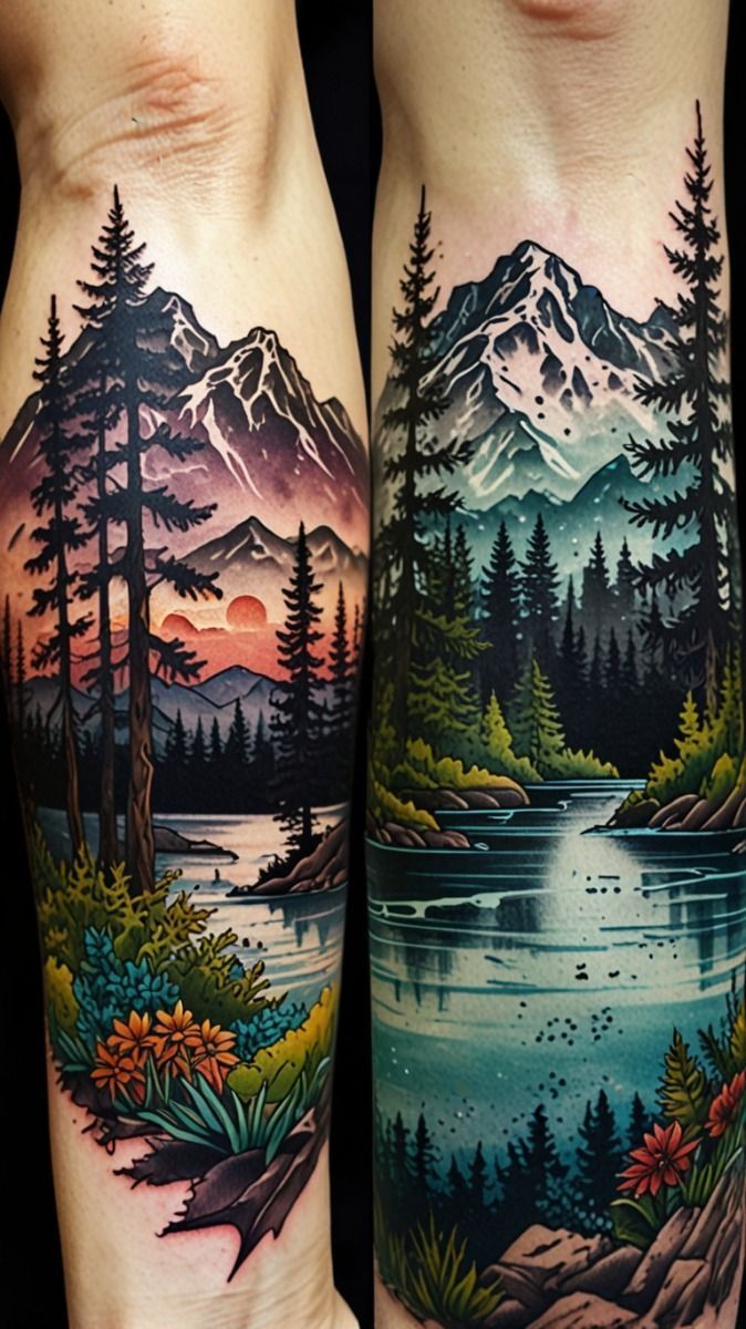 Two forearm tattoos showing mountain landscapes with pines, water, flowers, and a sunset