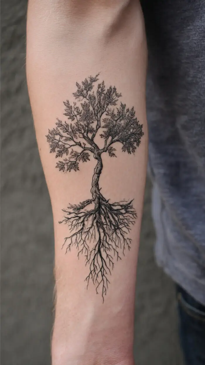 Leafy tree with long roots traced in fine black lines down the inner forearm