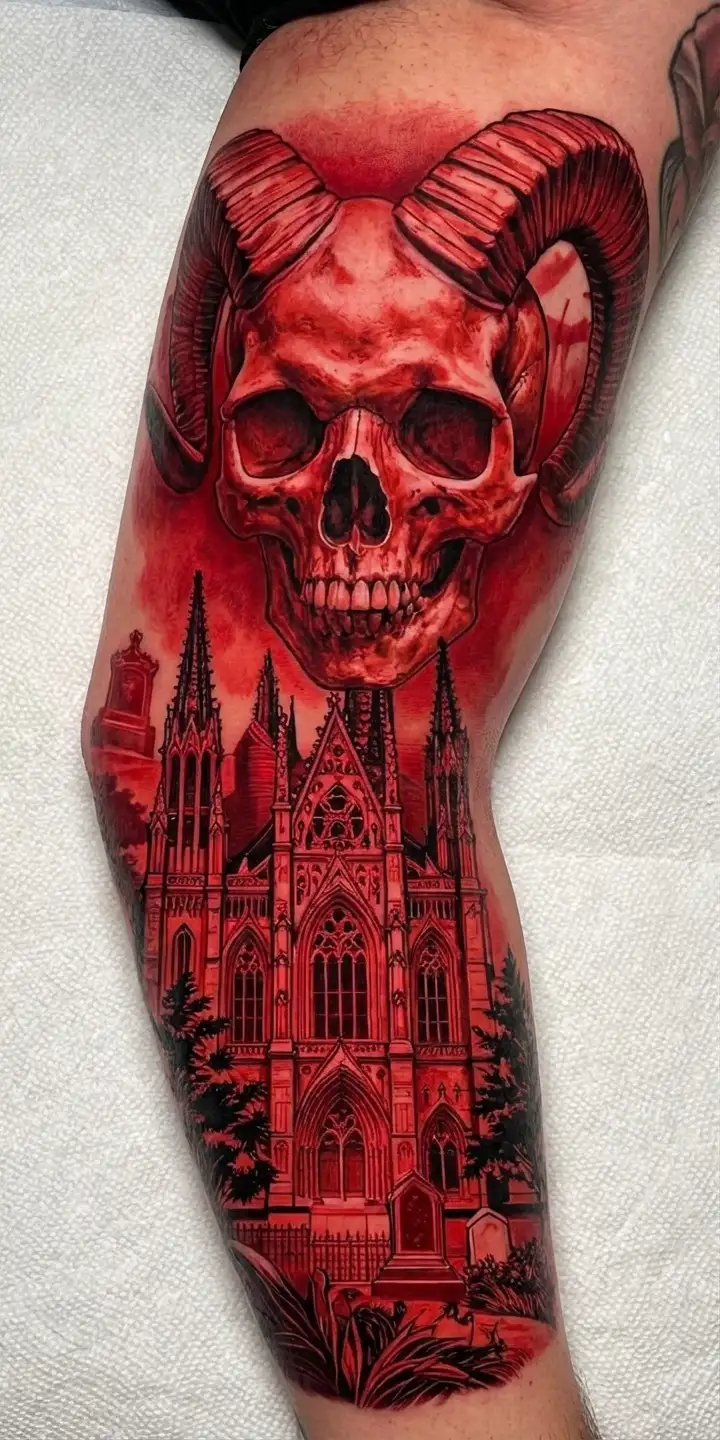 Horned red skull below cathedral spires and graveyard details in a large leg tattoo