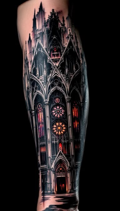 Shadowy cathedral forearm tattoo with rose windows glowing in red and amber