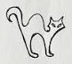 Black outline of a cat with an arched back and looping tail.
