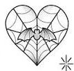 Small bat inside a heart shaped spiderweb drawn in thin black lines.