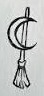 Broom crossing through a crescent moon in a narrow black outline.