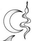 Slim black crescent moon with wispy curls around its outline.