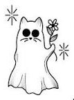 Ghost cat holding a flower in a tall black outline.