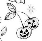 Two grinning jack o lantern cherries hanging from a leafy stem beside a sparkle.