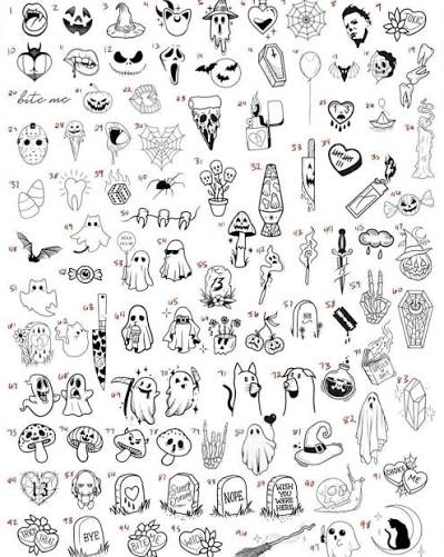 Halloween flash tattoo sheet with small ghosts, pumpkins, spiderwebs, and tombstones in black ink.