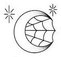 Black crescent moon with a spiderweb inside it and tiny stars beside it.