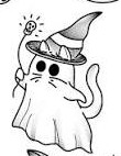 Ghost cat in a striped witch hat with its tail curling beside it.