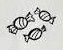 Three wrapped Halloween candies drawn as simple black outlines.