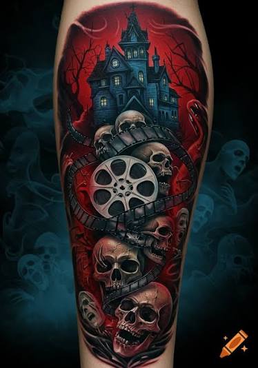 Film reel skull haunted house tattoo on the forearm shows stacked skulls and a glowing red mansion under a night sky.