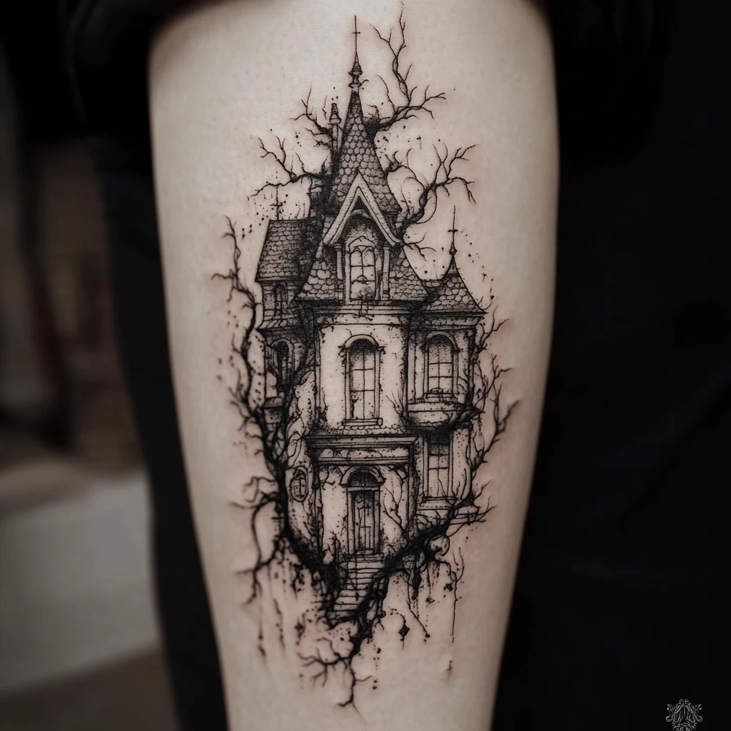 Ivy covered Victorian forearm tattoo shows twisted vines climbing a mansion with soft dotwork shading.