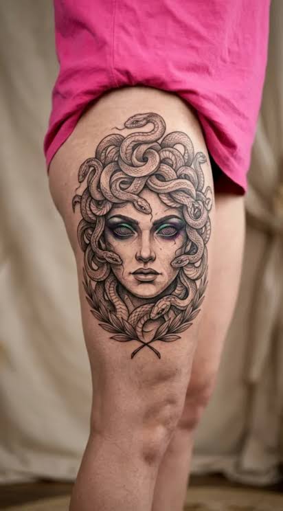 Medusa thigh tattoo with green eyes, a crown of detailed snakes, and leafy branches framing her chin.