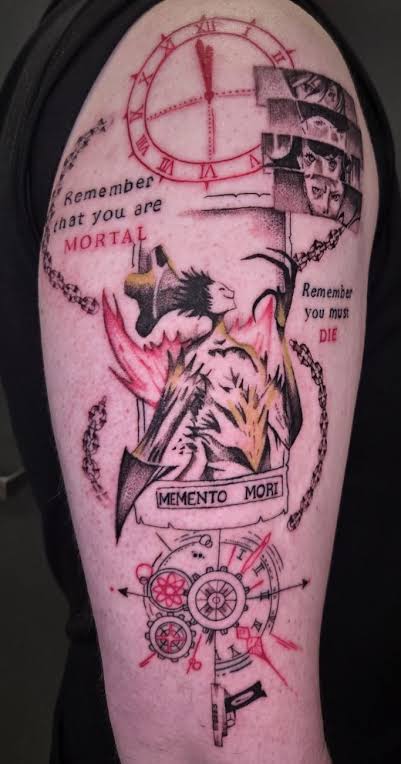 Upper arm anime collage tattoo with stacked faces, red clock marks, a central figure, chains, and memento mori text.