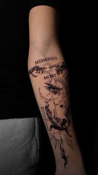 Memento mori forearm tattoo with reaching hands, fine lines, dotted patterns, and an eye.