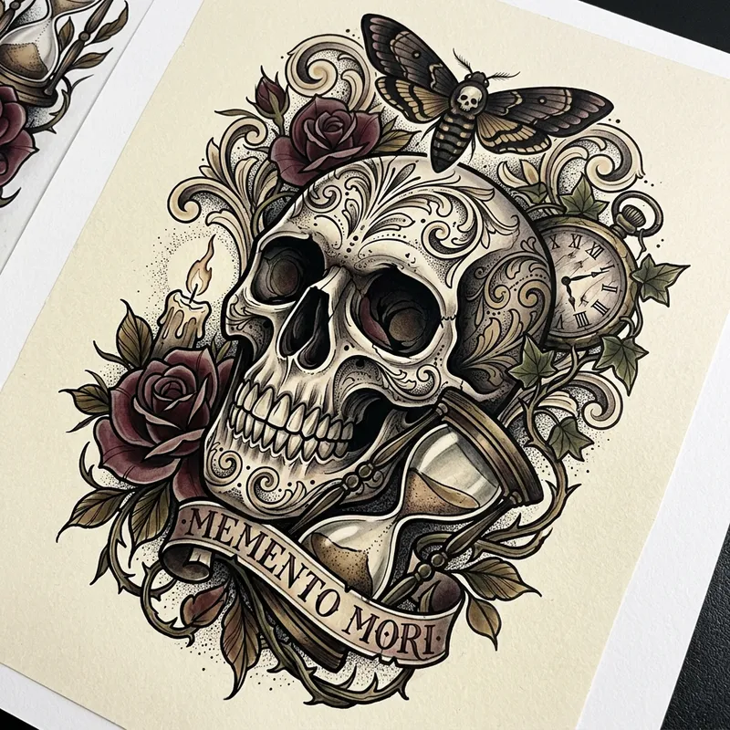 Ornate skull design with burgundy roses, a moth, an hourglass, and decorative swirls.