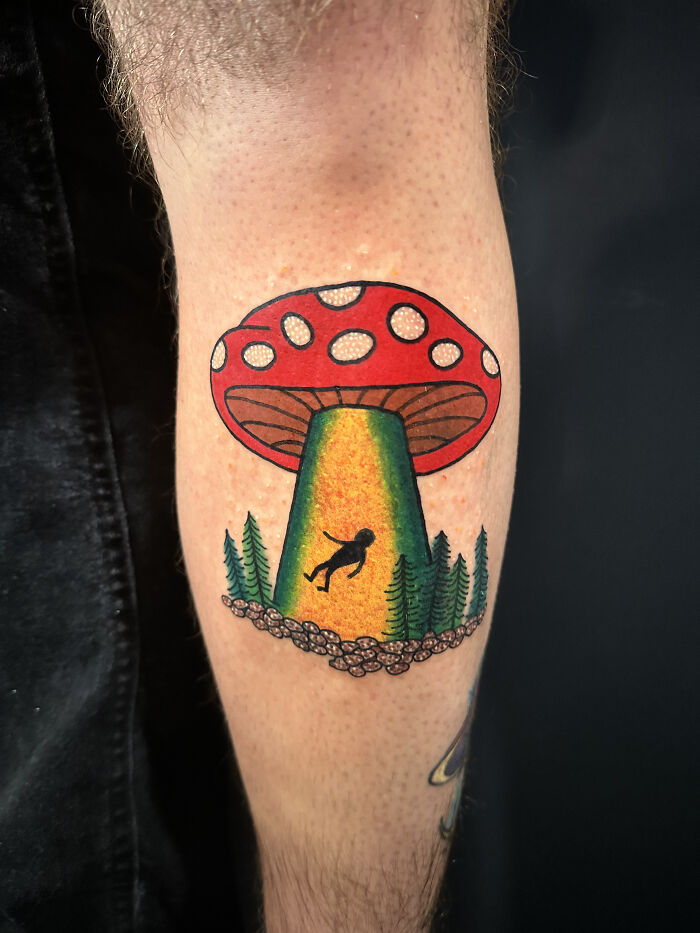 Giant red mushroom casting a beam over a tiny figure and pine forest on the calf.